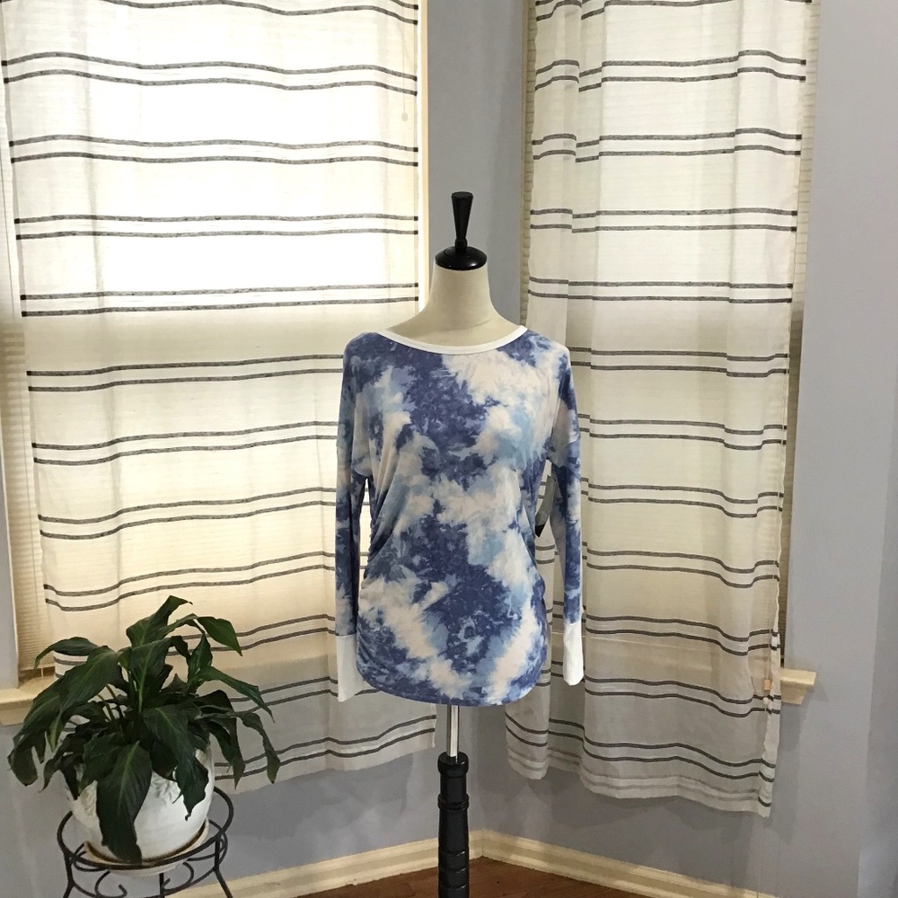 Duetime Maternity Women’s Size Small Blue Tie Dye Long Sleeve Ruched Sides Soft - Picture 1 of 9